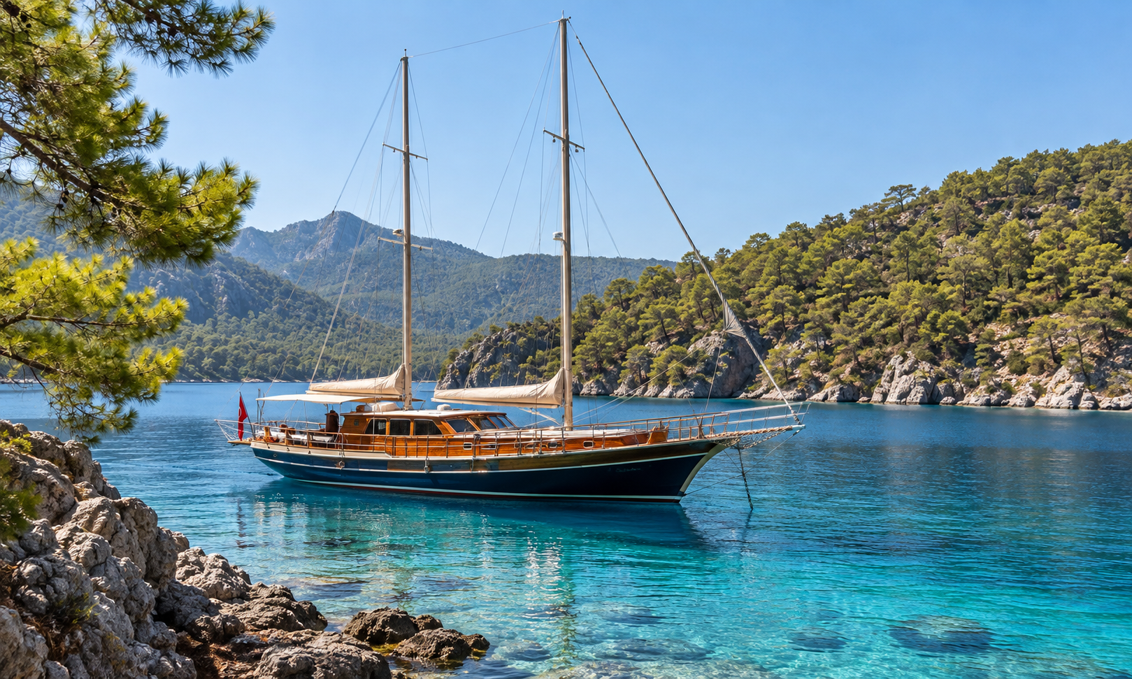 A wooden gulet at anchor in clear turquoise water beside a pine-covered rocky shore