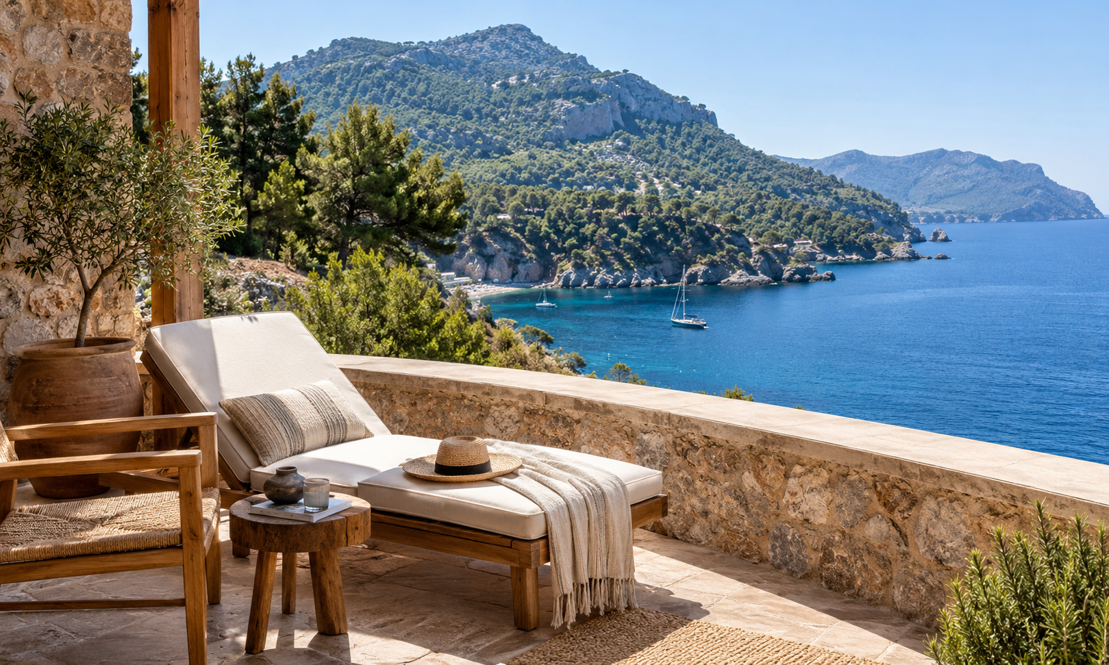 A cushioned lounger on a stone terrace above a pine-covered coastline and a bay with sailing boats