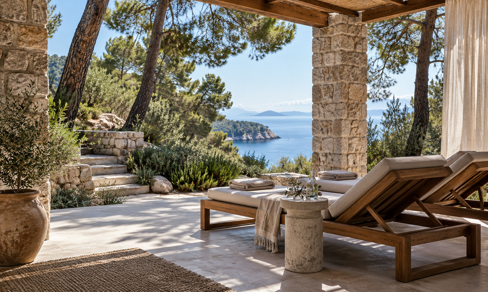 Teak sun loungers under a stone pergola with pine trees and a view of the sea