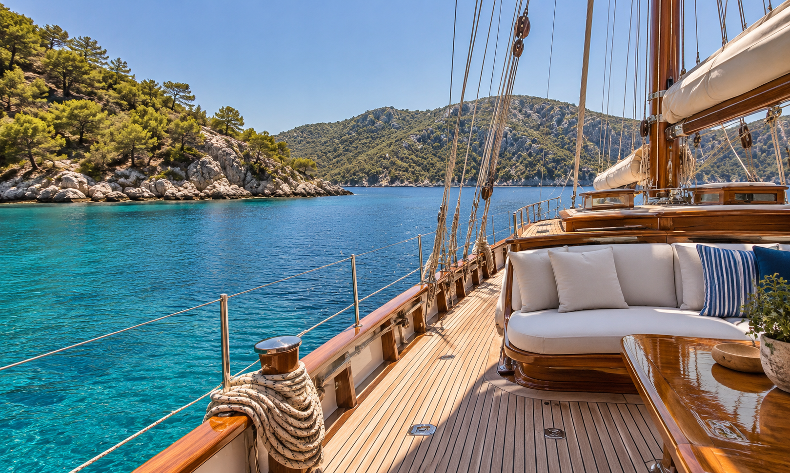 The teak deck of a gulet with cushioned seating, anchored in a turquoise cove below pine-covered hills