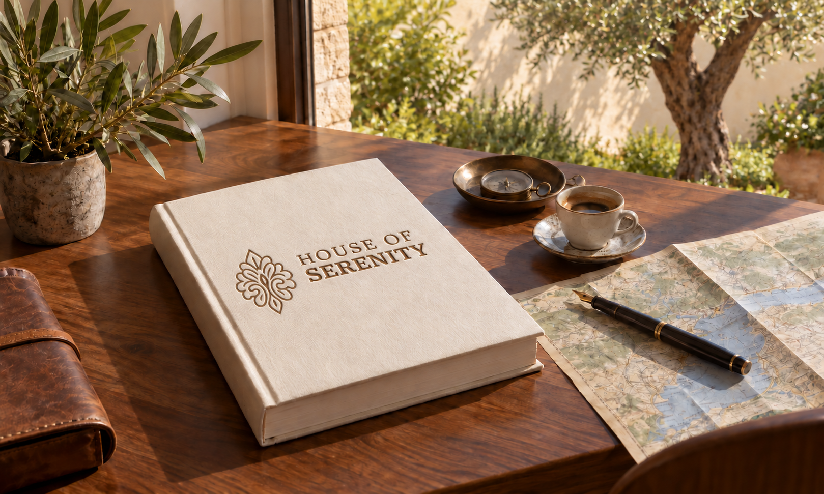 A cream linen hardcover embossed with the House of Serenity emblem and name on a walnut travel planning desk