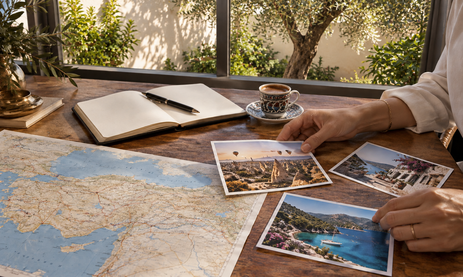 Hands arranging travel photographs beside a map of Türkiye, a notebook and Turkish coffee on a wooden desk