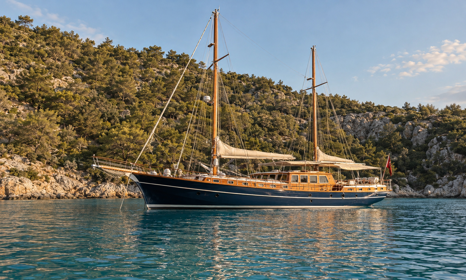A traditional wooden gulet anchored in a calm pine-lined Aegean cove