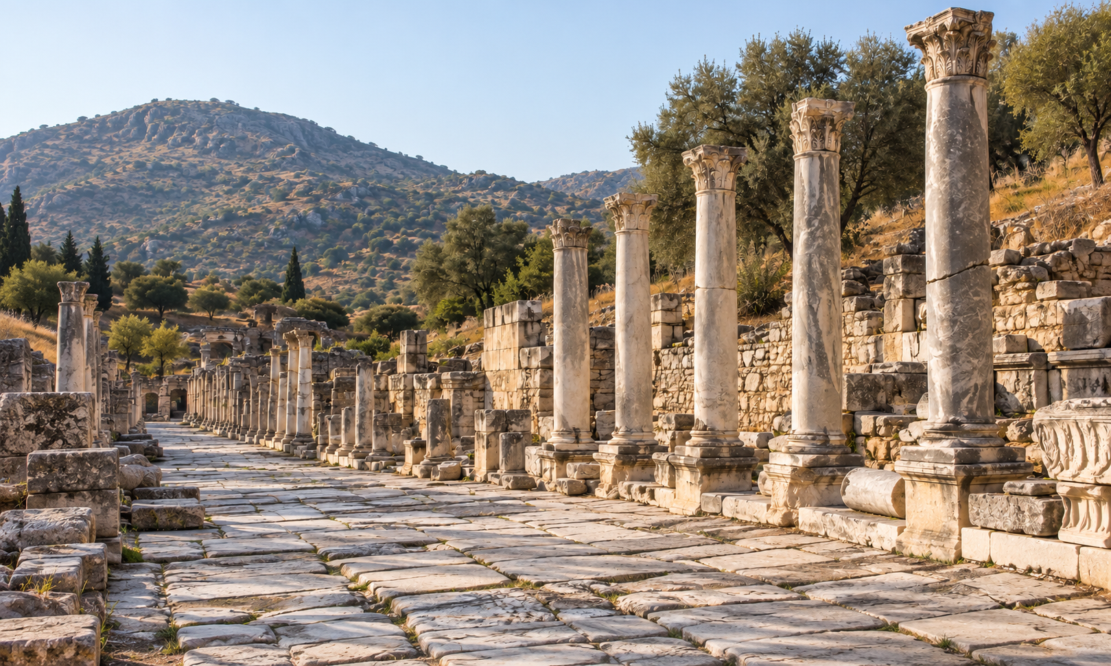 Weathered marble columns along an ancient paved street beneath olive-covered hills