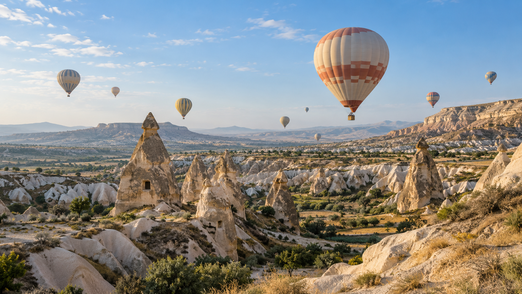 Hot air balloons rising over Cappadocia's fairy chimneys and valleys on a clear morning