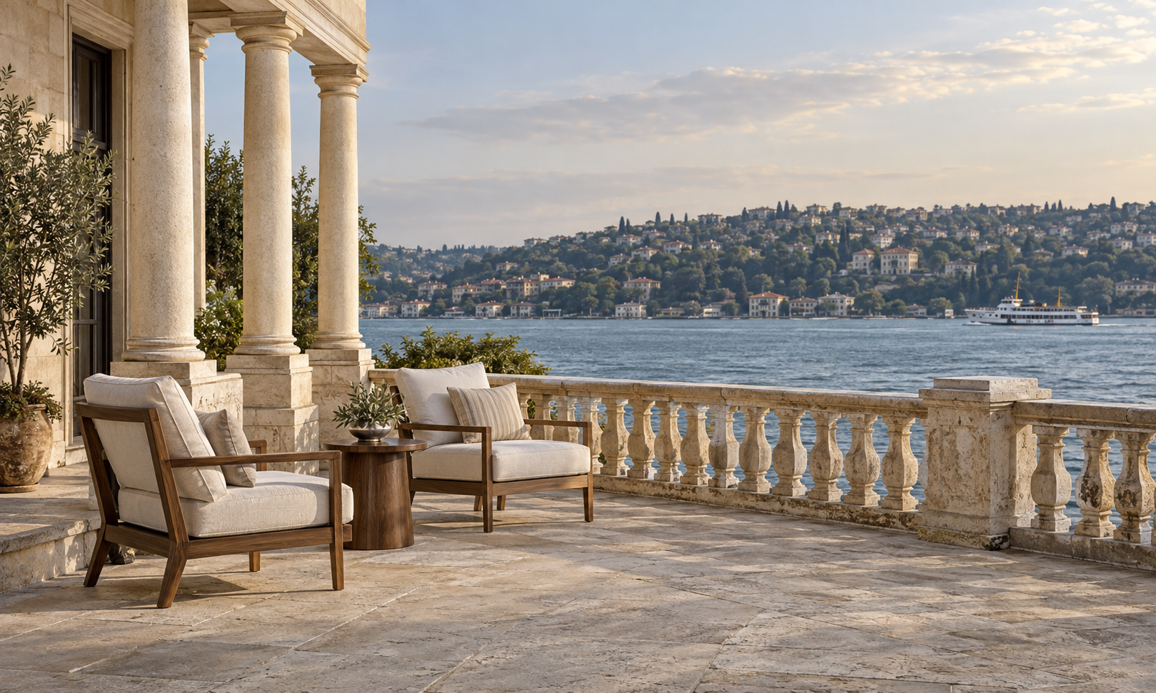 An elegant limestone terrace with linen lounge chairs overlooking the Bosphorus